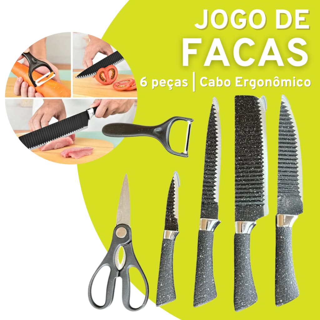 Jogo Facas 6 Peças Inox Cabo Ergonômico Completo cozinha carnes frutas legumes doméstico pratico completo