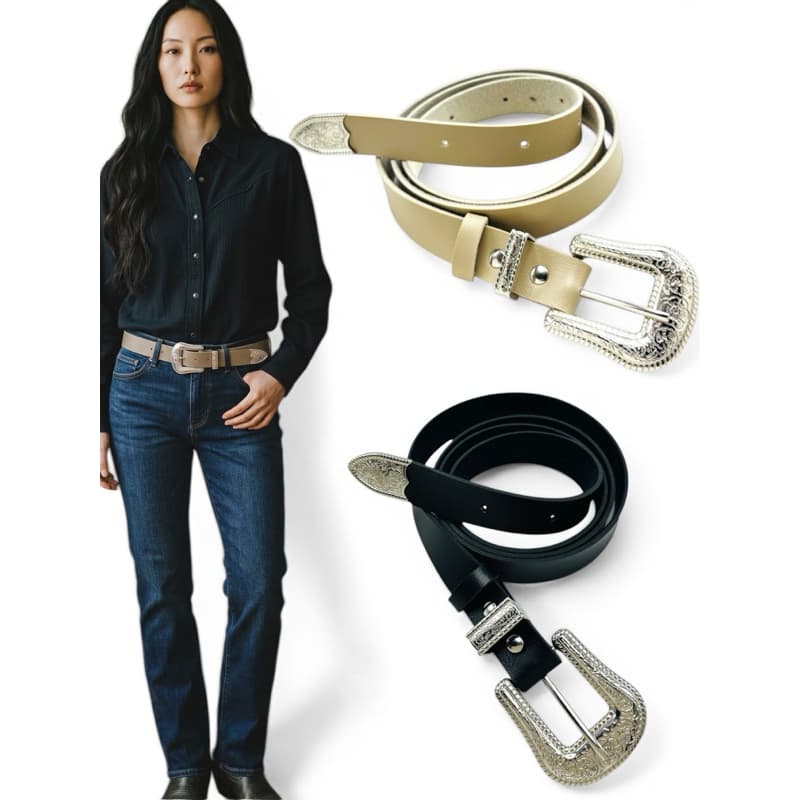 Cinto Feminino Cowboy Country Fivela Prata Couro Sintético Ajustável Elegante - Cecilia