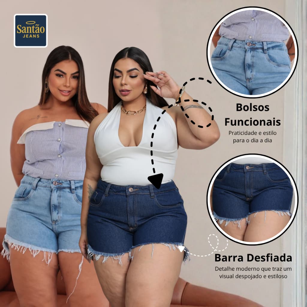 Kit 2 Short Jeans Feminino Plus Size Barra Desfiada Cintura Alta Confortável Moda Veste Bem 46 ao 54