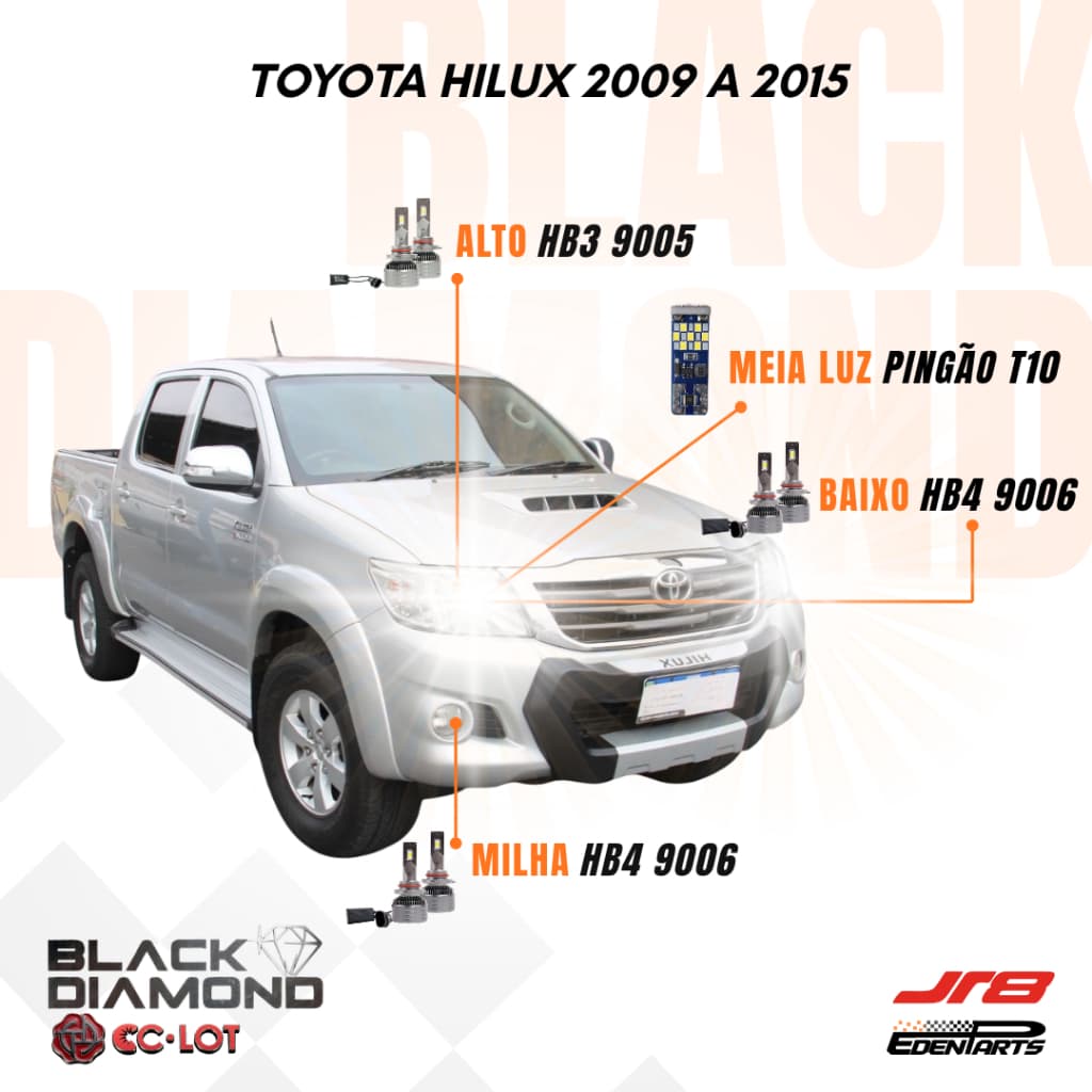 Kit Lâmpadas Farol LED Toyota Hilux 2009 a 2015 JR8 BlackDiamond HB3 HB4 HB4 6000K + Lâmpada Pingão T10 21 LED