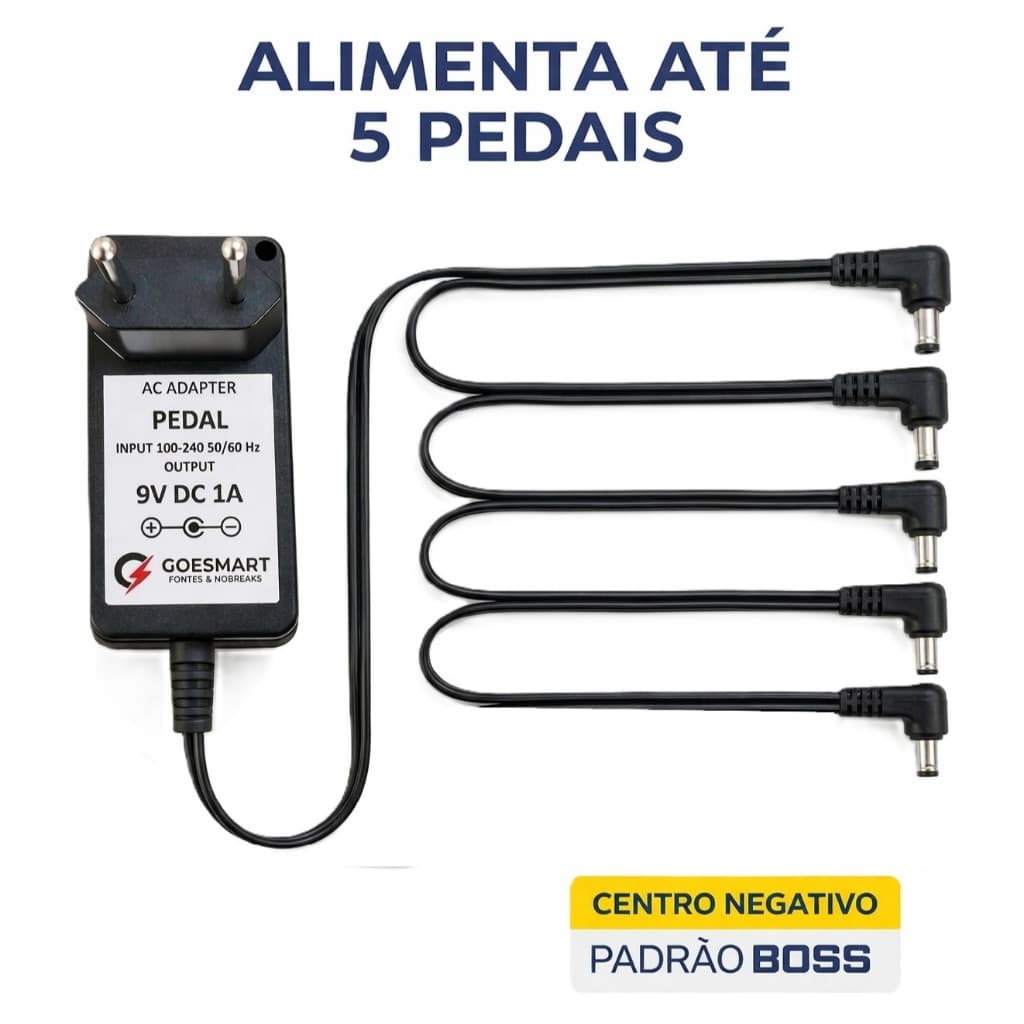 Fonte Pedal Pedaleira 9v 1000ma Bivolt  P/ 5 Pedais Com Led