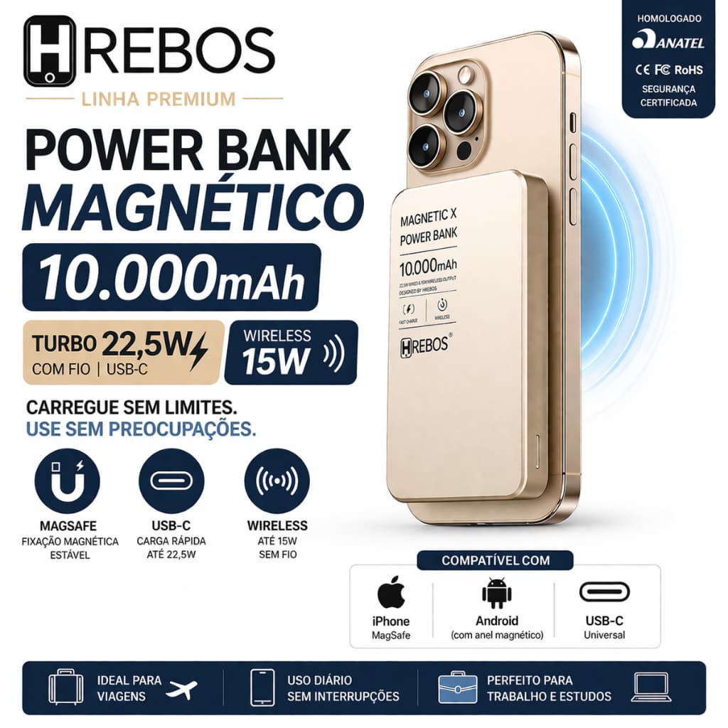 Power Bank Magnético Hrebos 10000mAh Premium 22.5W | MagSafe | USB-C | Carregador Portátil