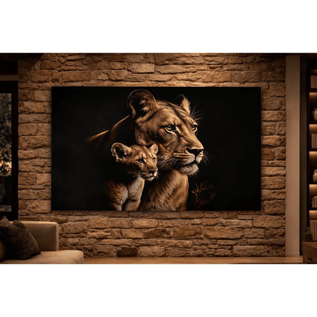 Quadro Decorativo Luxouoso Leoa e Seu Filhote Arte Moderna Proteção Família Decoração Moderna