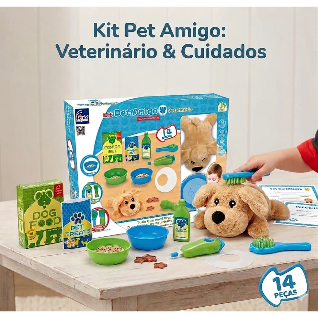 Brinquedo Veterinário Cachorro de Pelúcia Montessori Meu Amigo Máquina de Tosar14 Peças