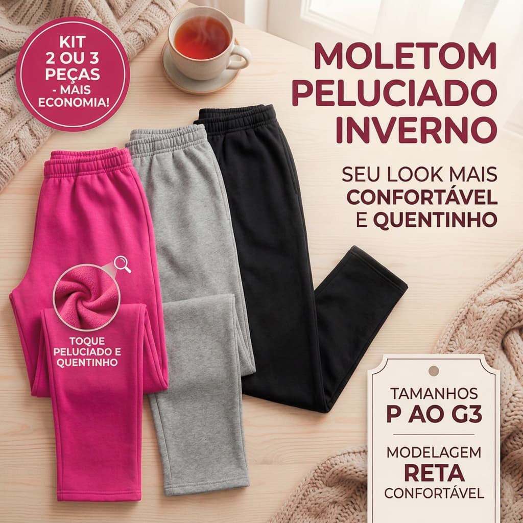 Calça Moletom Feminina Peluciada Inverno Padrão CDP Sem Bolsos | Kit 2 ou 3 Peças Do P Ao G3