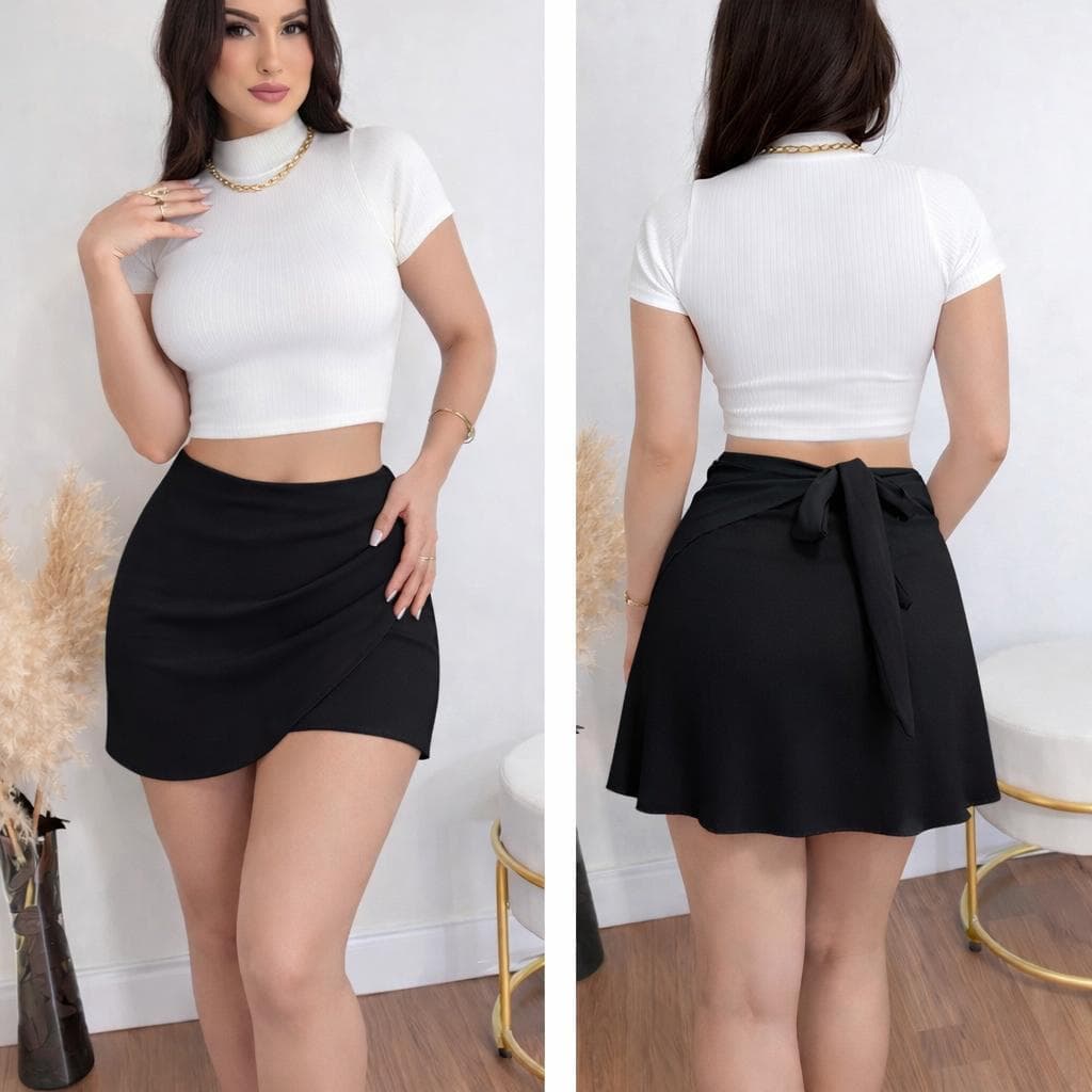 saia curta envelope feminina  transpassada elegante cintura alta tendencia