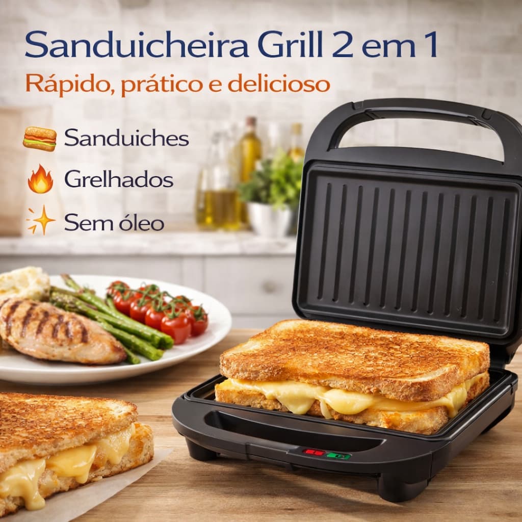 Sanduicheira Grill Elétrica 2 Em 1 750W Antiaderente Lanches