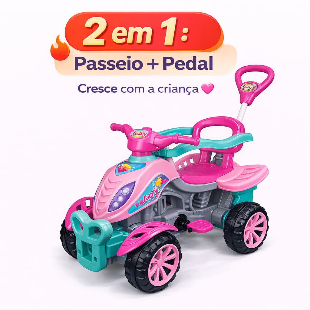 Quadriciclo Infantil 2 em 1 com Empurrador e Pedal Lady Star Carrinho Passeio Seguro Bebê e Criança