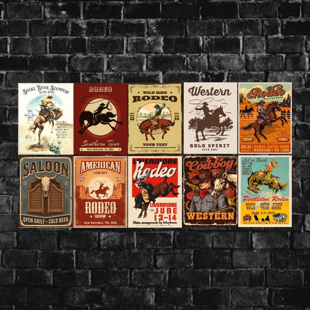 Kit 10 Quadros Decorativos Retrô Country Cowboy Vintage Aréa Gourmet 20x15cm