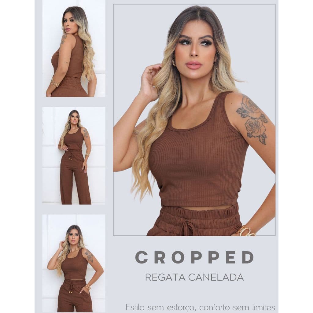 Cropped Feminino Regata Canelada Estilosa Confortável Dia a Dia Gola Redonda Ajustada Ao Corpo Slim