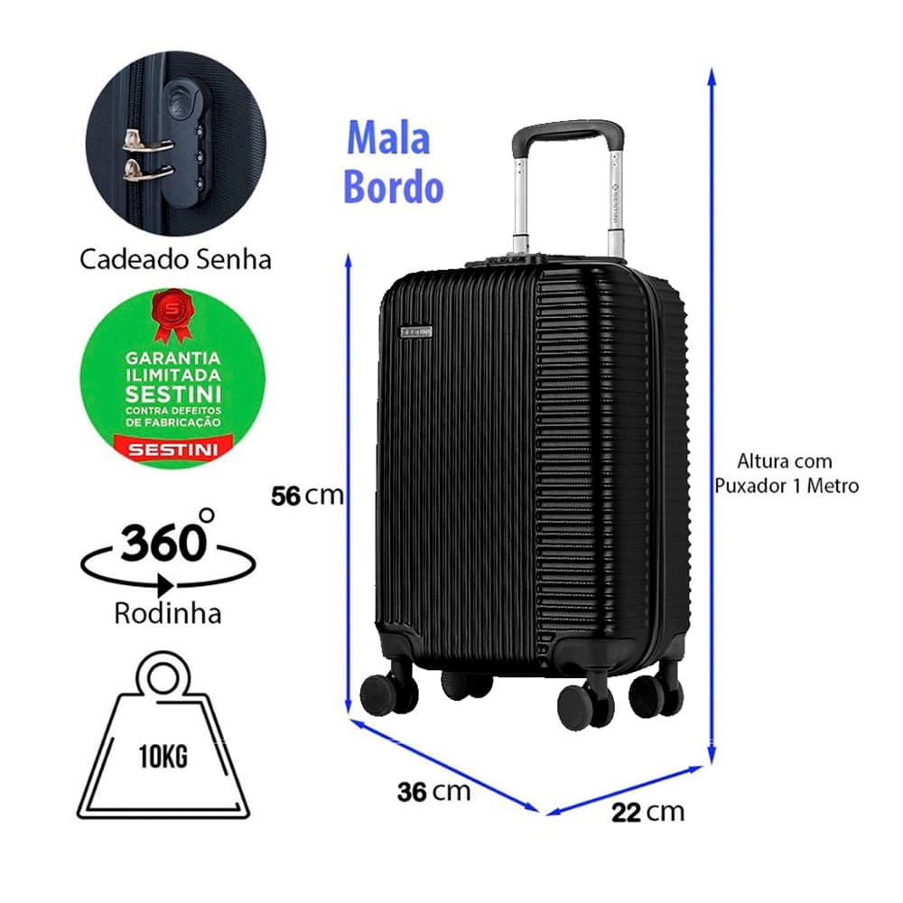 Mala Bordo Viagem 10kg Rodas 360 Sestini Classy 2 Preto