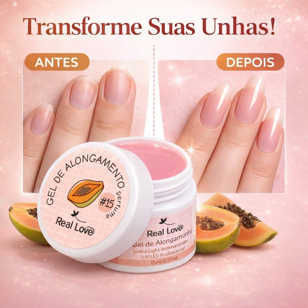 Gel de Alongamento de Unhas 15ml Real Love Linha Light Aromatizado Mamão UV LED Profissional