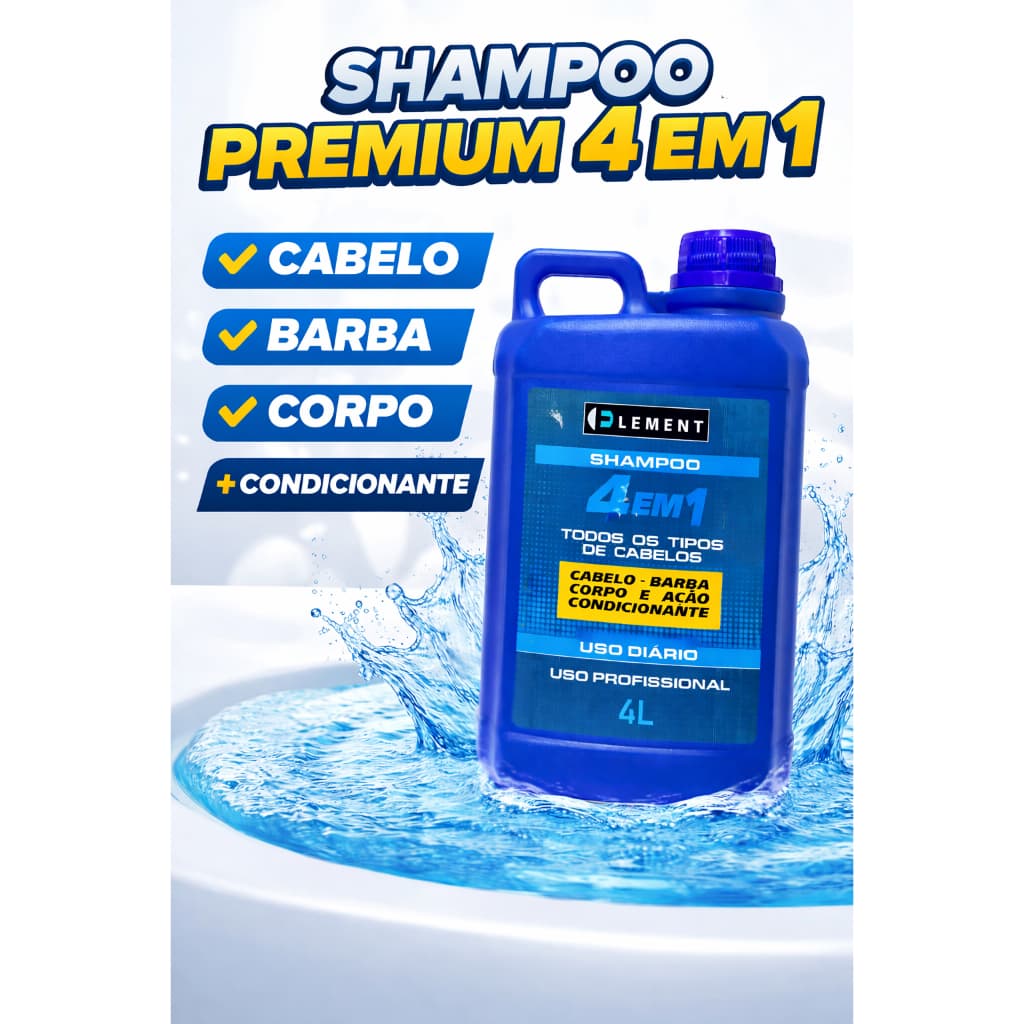 Shampoo 4 em 1 Profissional 4L Element – Cabelo Barba Corpo Condicionante Uso Diário