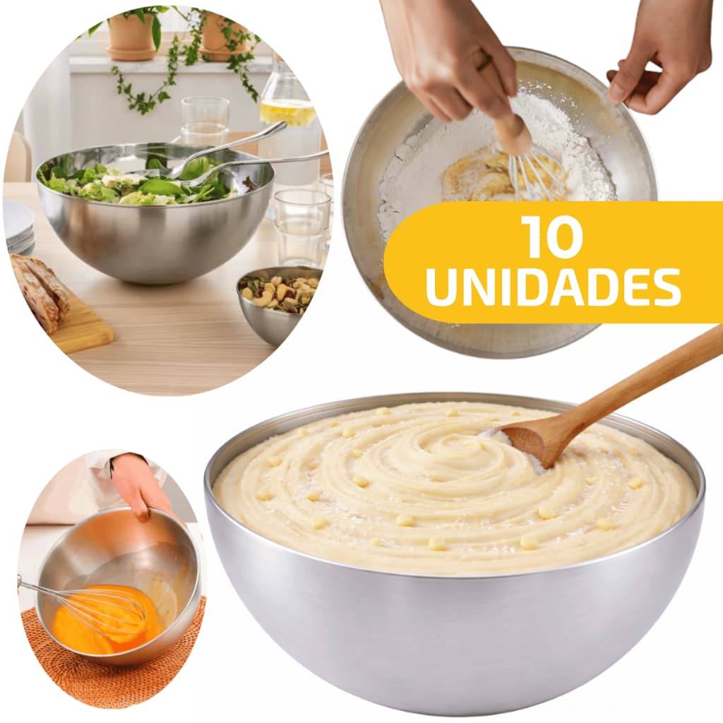 10 Tigela Saladeira Redonda Bacia Escovada Mixing Bowl Inox 26cm Mistura Preparar Alimento Confeitar