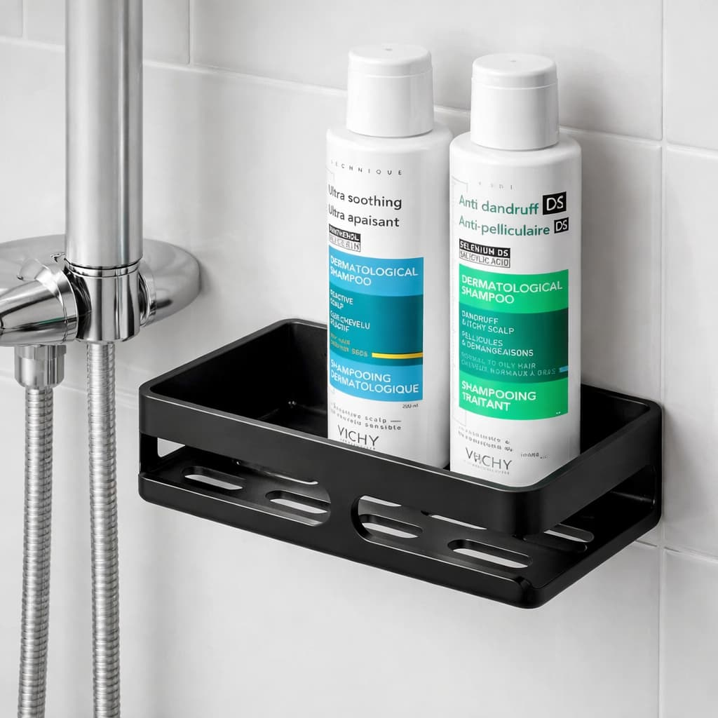 Bandeja Shampoo Parede Preta Suporte Banheiro Alumínio Porta Shampoo Organizador Sem Furo Aparente