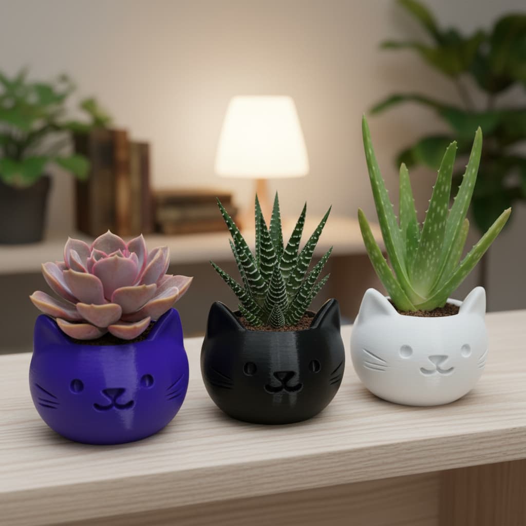 Vaso Gatinho para Suculenta e Cactos Mini Decorativo Plástico Ecológico Branco Preto Roxo Fofo