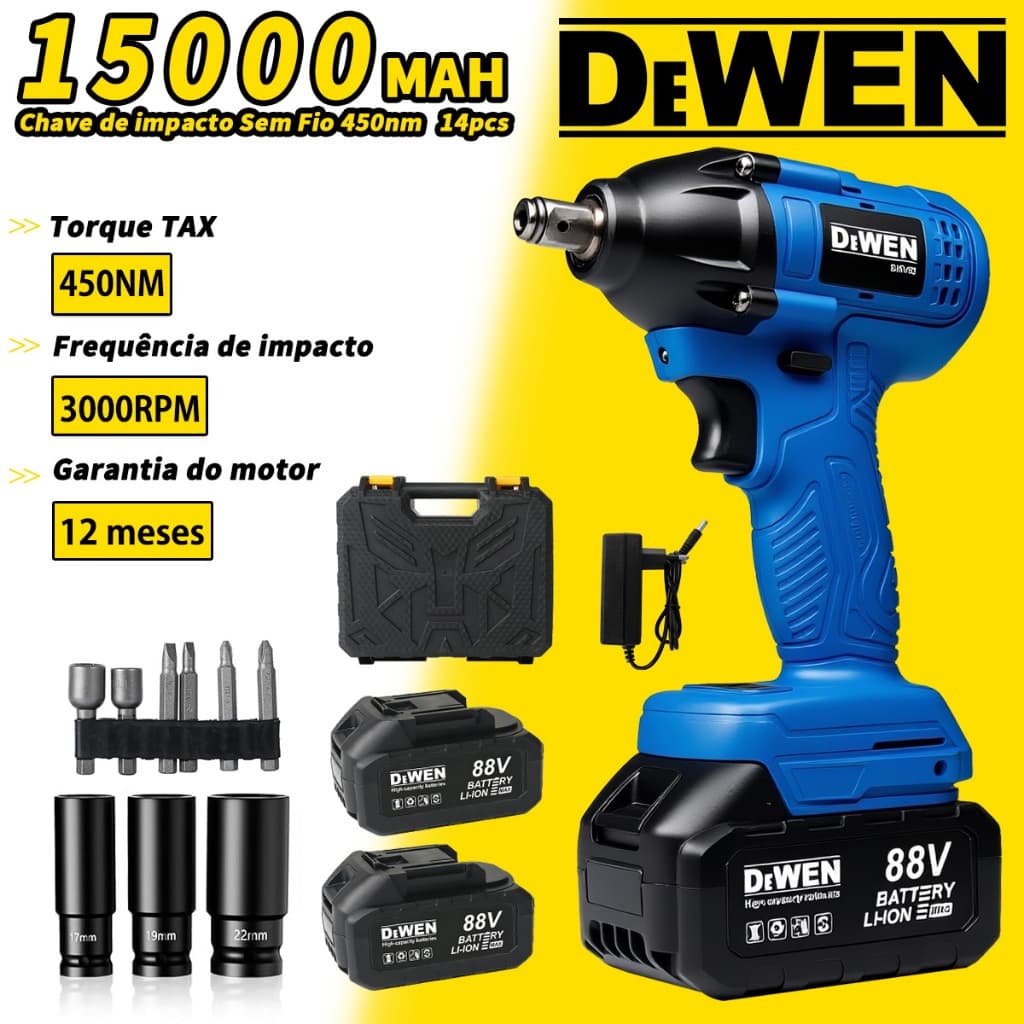 Chave de Impacto 88V Eletrica 450NM Parafusadeira Furadeira Brushless  2 Baterias 88v  Acessórios