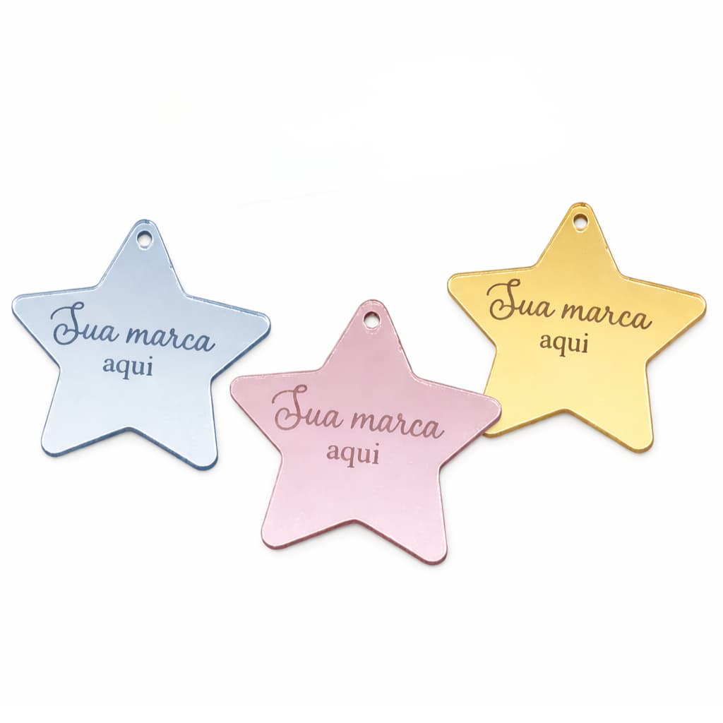 Tag Personalizada em Acrílico Espelhada Estrela 3x3cm com Logo Furo e Sem Furo