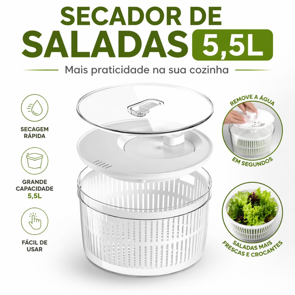Secador de Salada 5,5l Centrifuga com Tampa de Acrílico Manual Giratório - OU