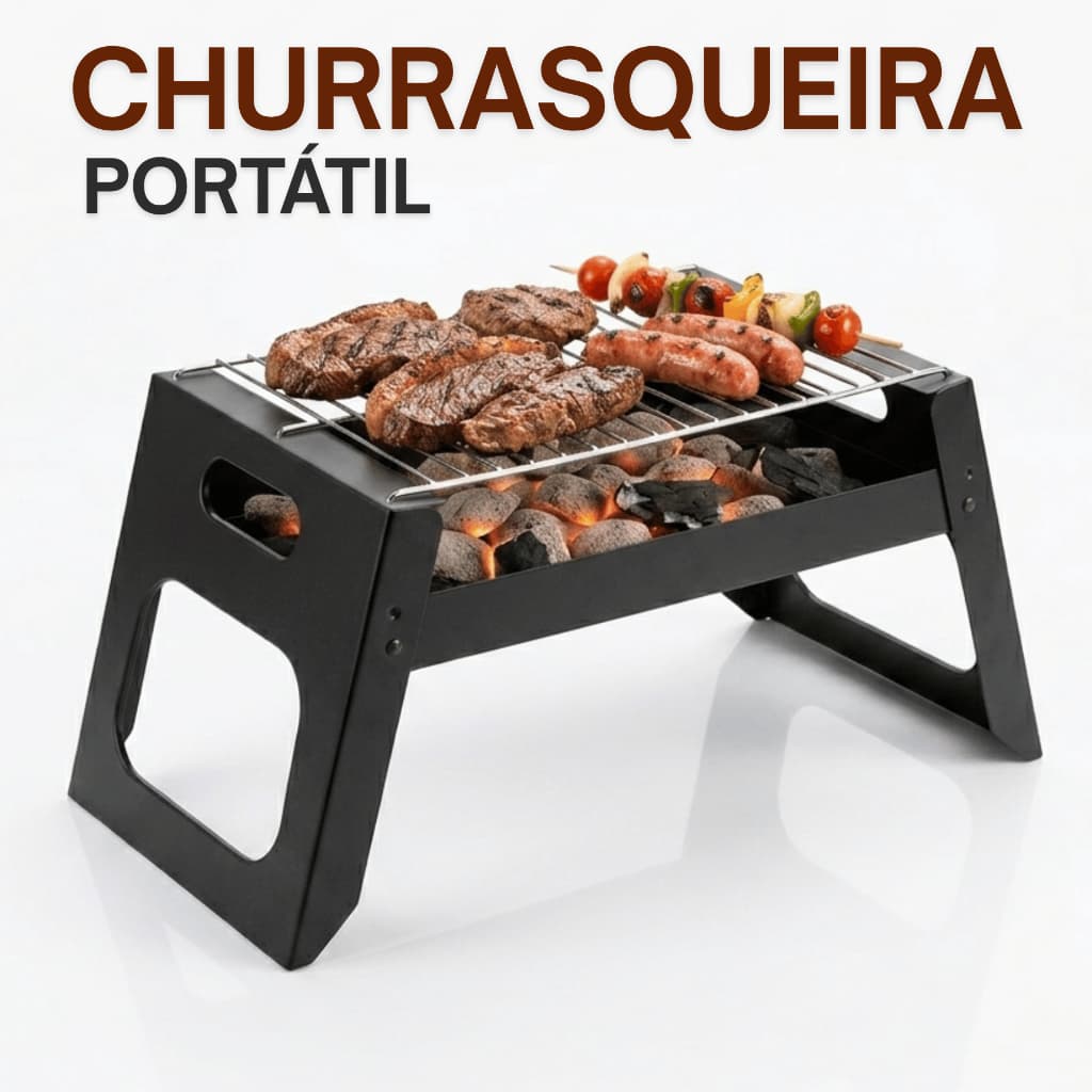 Churrasqueira Portátil Dobrável a Carvão com Grelha Compacta Grill Camping Com Caixa de Transporte