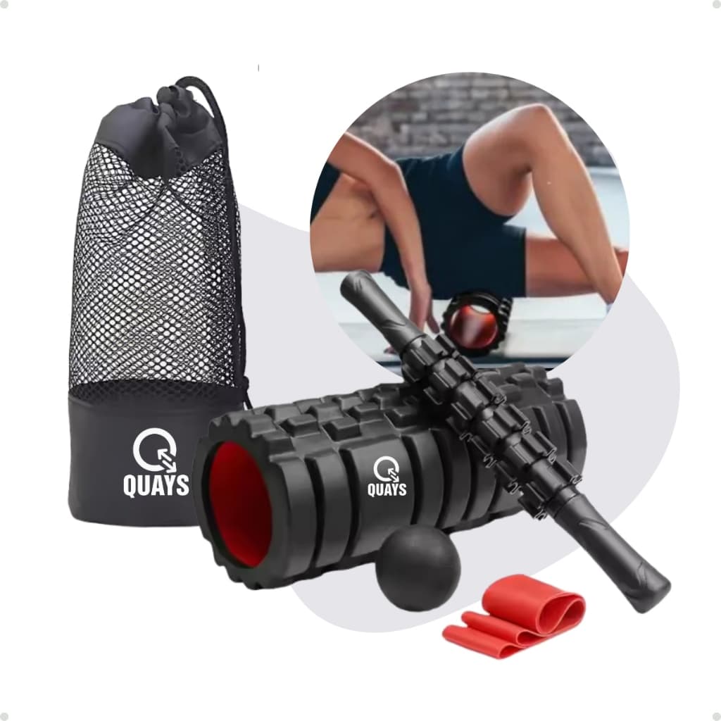 Kit Completo 4x1 Lorben Rolo de Massagem Bastão Miosfascial Bola Lacrosse Faixa Elástica Band Bolsa