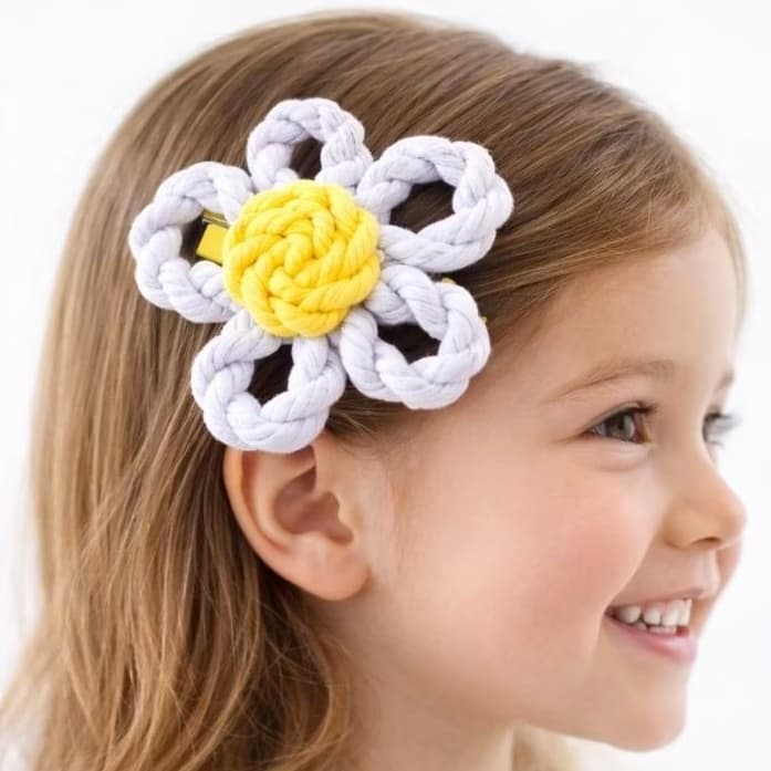 Flor Trançada em Fio de Malha Presilha Infantil Menina Confortável