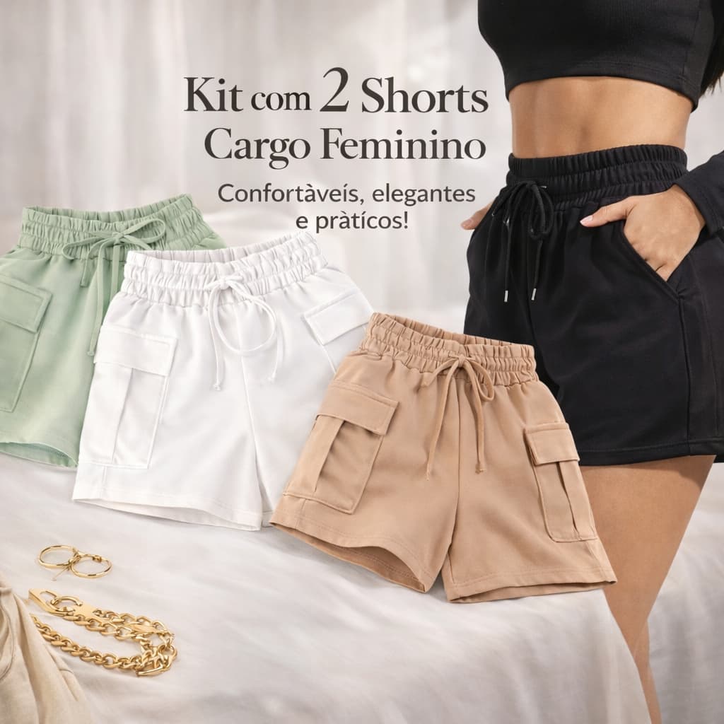 Kit 2 Shorts Cargo Feminino Alfaiataria Bolsos Laterais Cintura Alta - Casual Confortável Estiloso