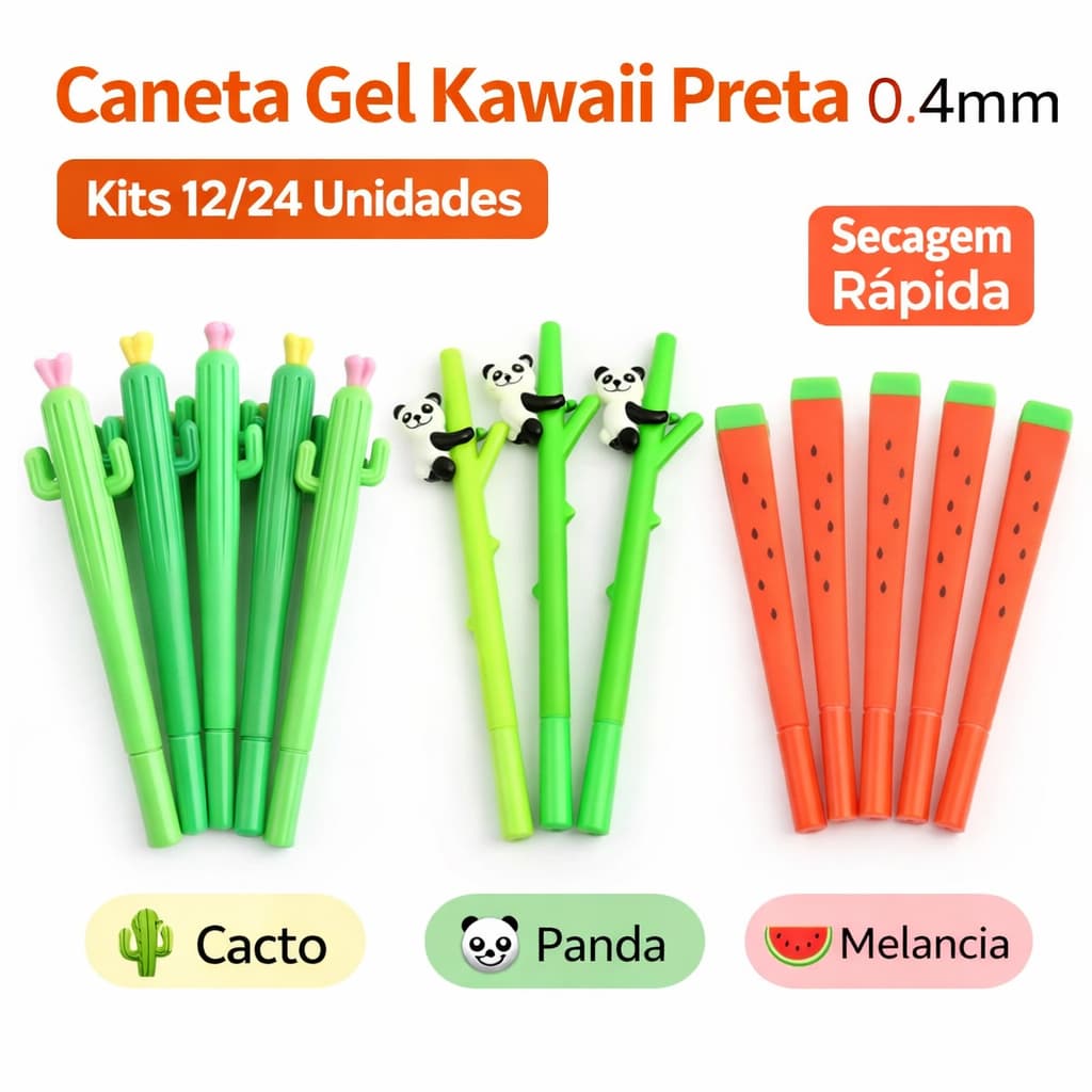 Conjunto 12/24 Caneta Gel Fina 0.4mm Preta Secagem Rápida Kawaii Cacto Panda Melancia