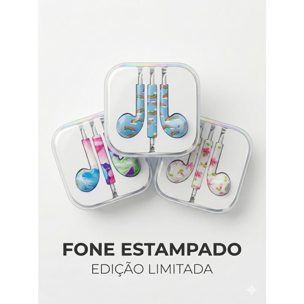 Fone de Ouvido C/ Fio e Microfone estampado controle de volume