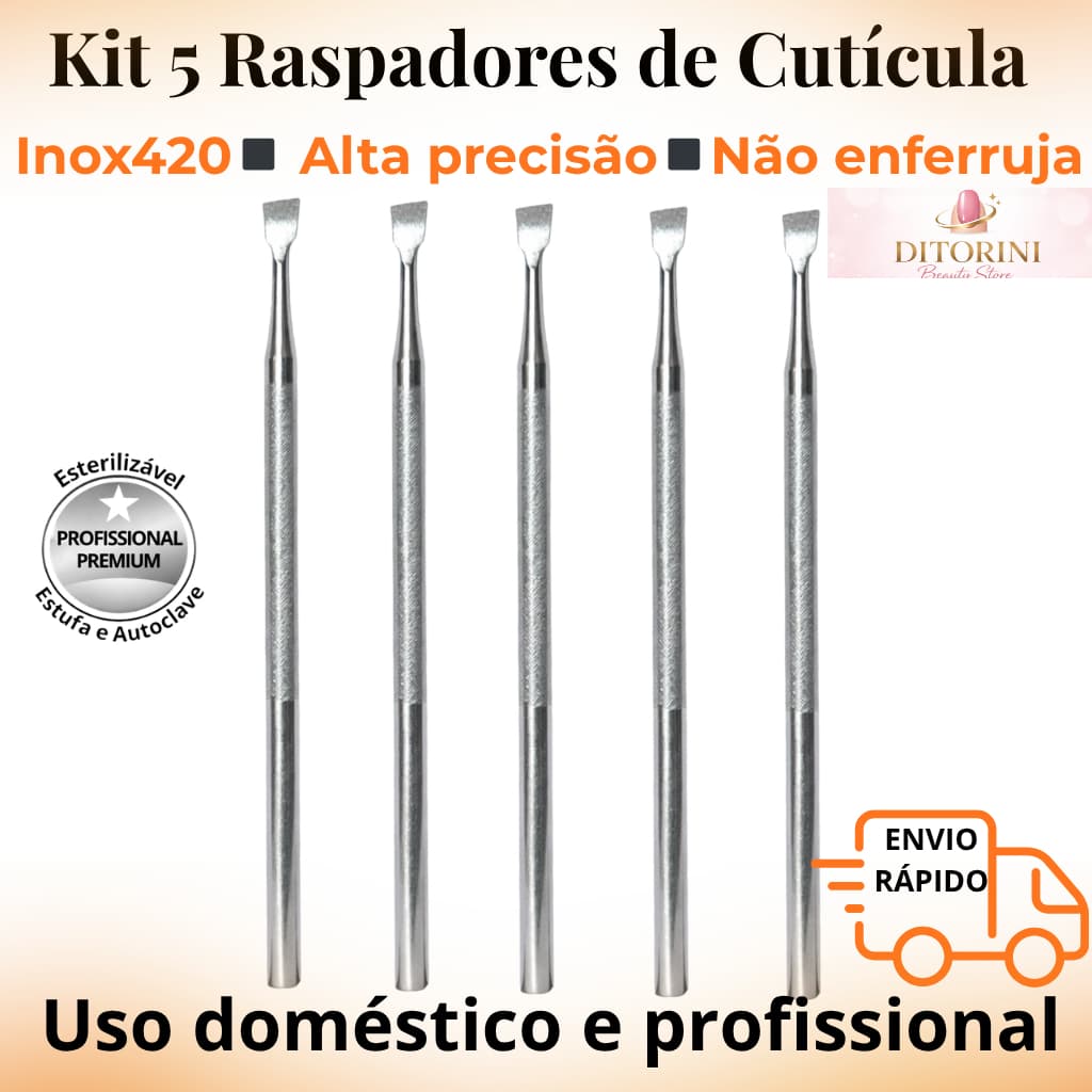 Raspador de Cutícula Inox Profissional Kit 5 Peças Manicure Pedicure Esterilizável Alta Precisão