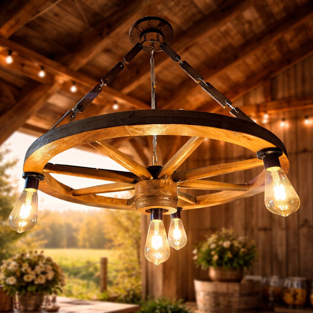 Lustre de Madeira Estilo Fazenda Pendente Decorativo Vintage Pinus Iluminação Rustica para Teto Luxo