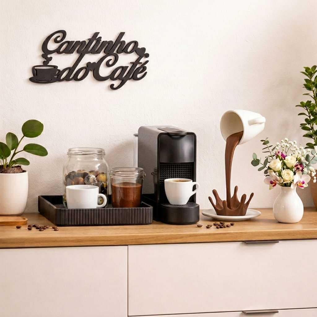 Kit " Cantinho do Café " em 2 peças sendo a placa e a xicara derramando