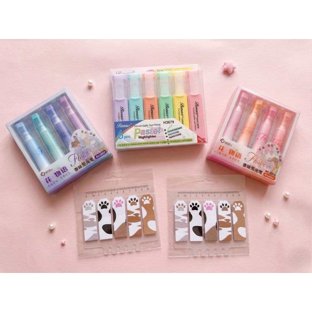 KIT KAWAII CUTE CANETAS FLOWERS/PASTEL COM MARCADORES DE GATINHO