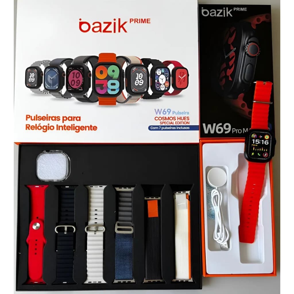 Smartwatch Bazik Prime W69 PRO MAX 49mm Preto + 7 Pulseiras Silicone
