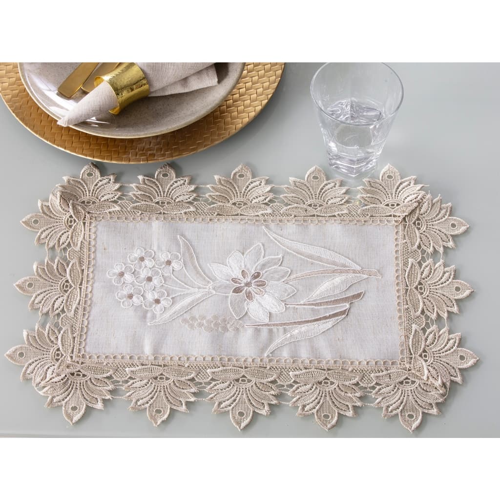 Centro De Mesa / Toalha Bandeja Renda Bordado Paris Mesa Posta 30x45cm - Bege Com Branco