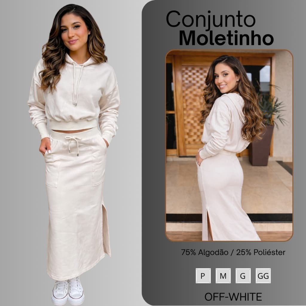 Conjunto Moletom Feminino 2 Peças Saia Midi e Blusa Manga Longa Com Capuz Off White