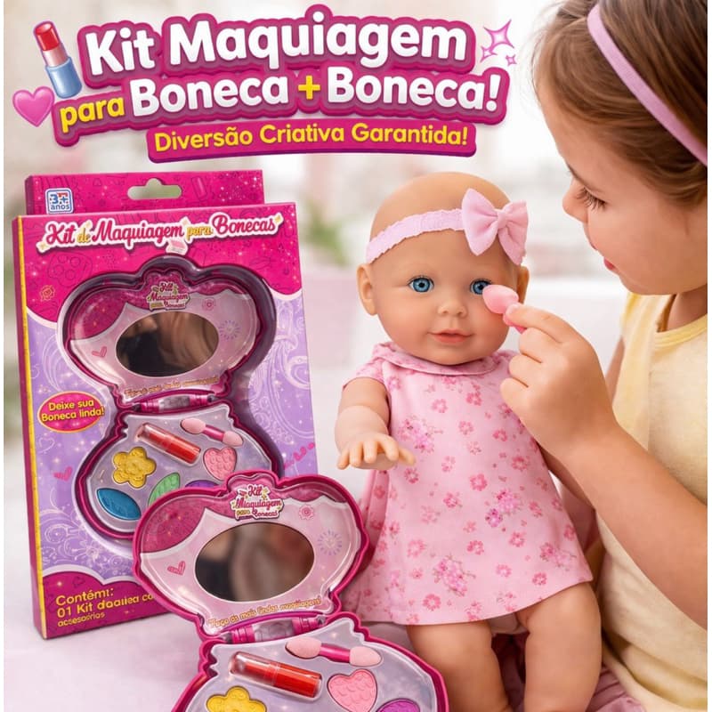 Boneca 33cm + Kit de Maquiagem Infantil Completo | Brinquedo Criativo + Envio Rápido 24h