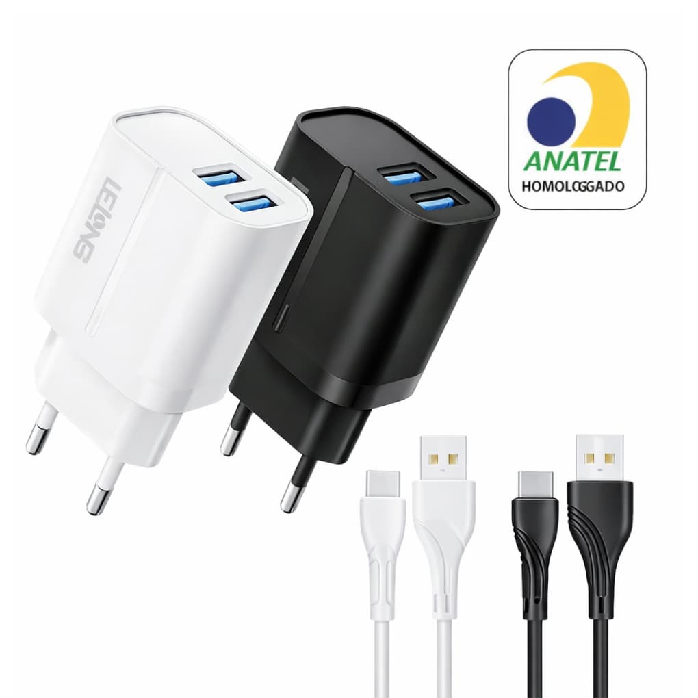 Kit Carregador Fonte + Cabo Tipo C Carga Rápida 10W Duas Entradas USB 3.1A