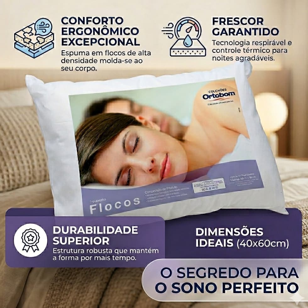 Travesseiro ortobom flocos confortável ergonômico 40x60