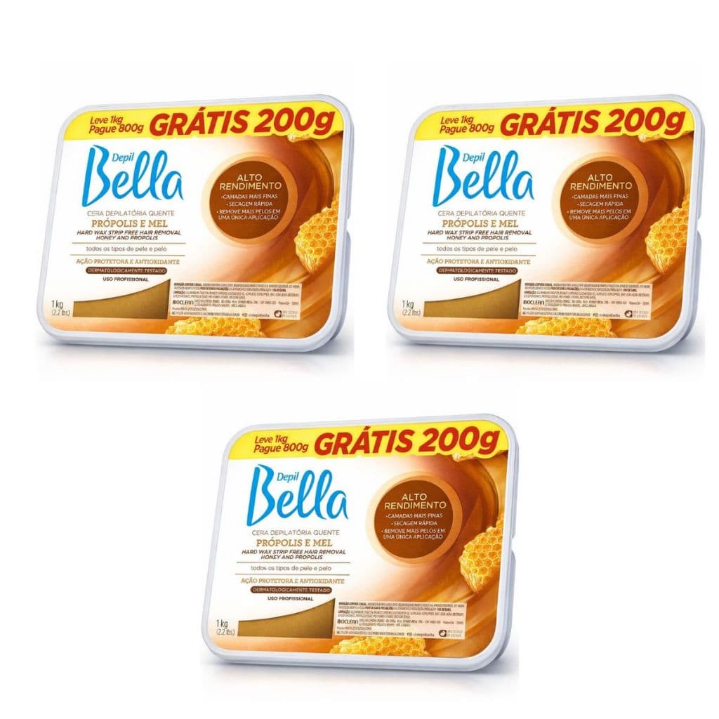 Kit 3 Cera Depilatória Quente Em Barra Depil Bella Própolis e Mel Leve 1kg Pague 800g