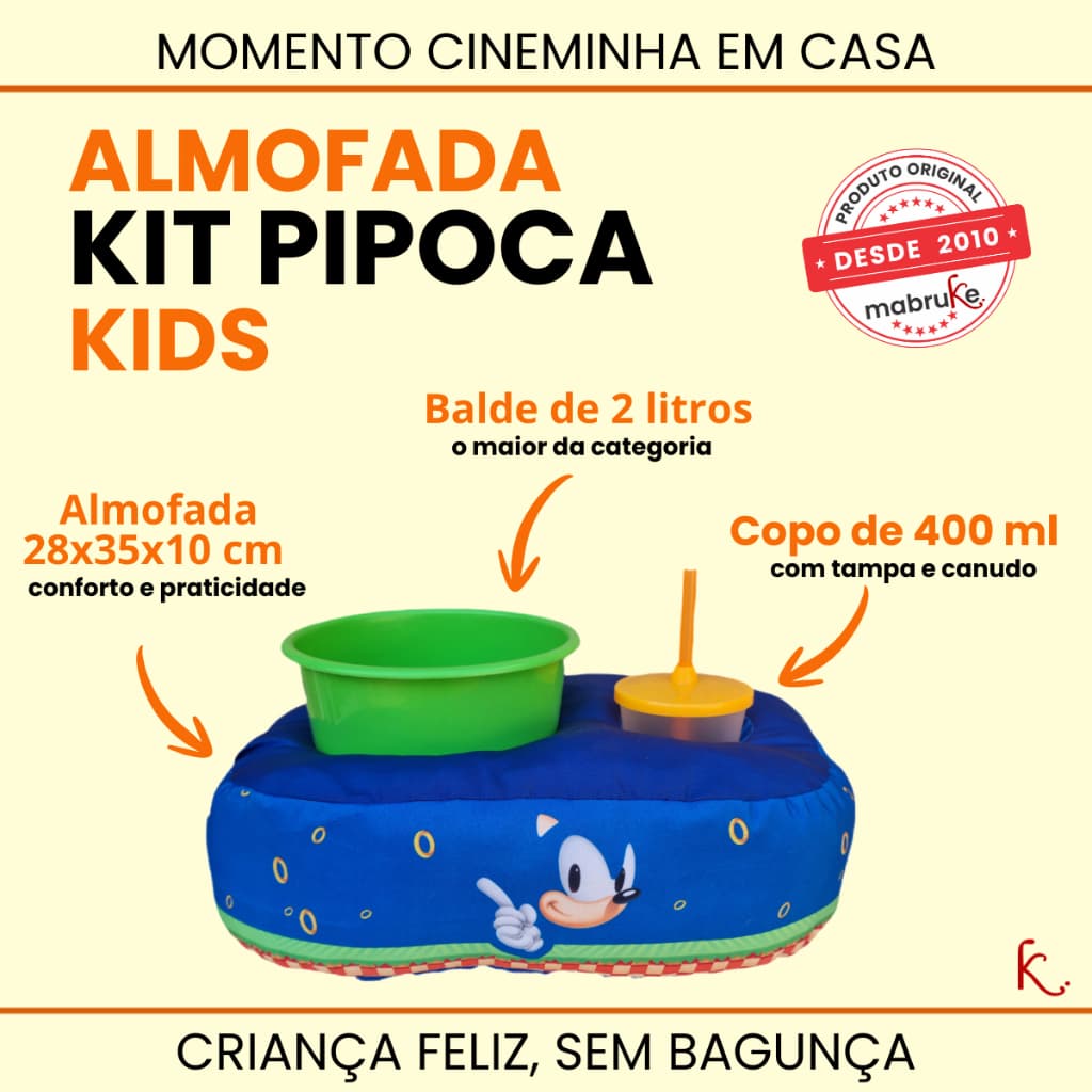 Almofada Porta Pipoca Kids Sonic Kit Balde 2 litros + copo 400 ml Cinema Casa Filme