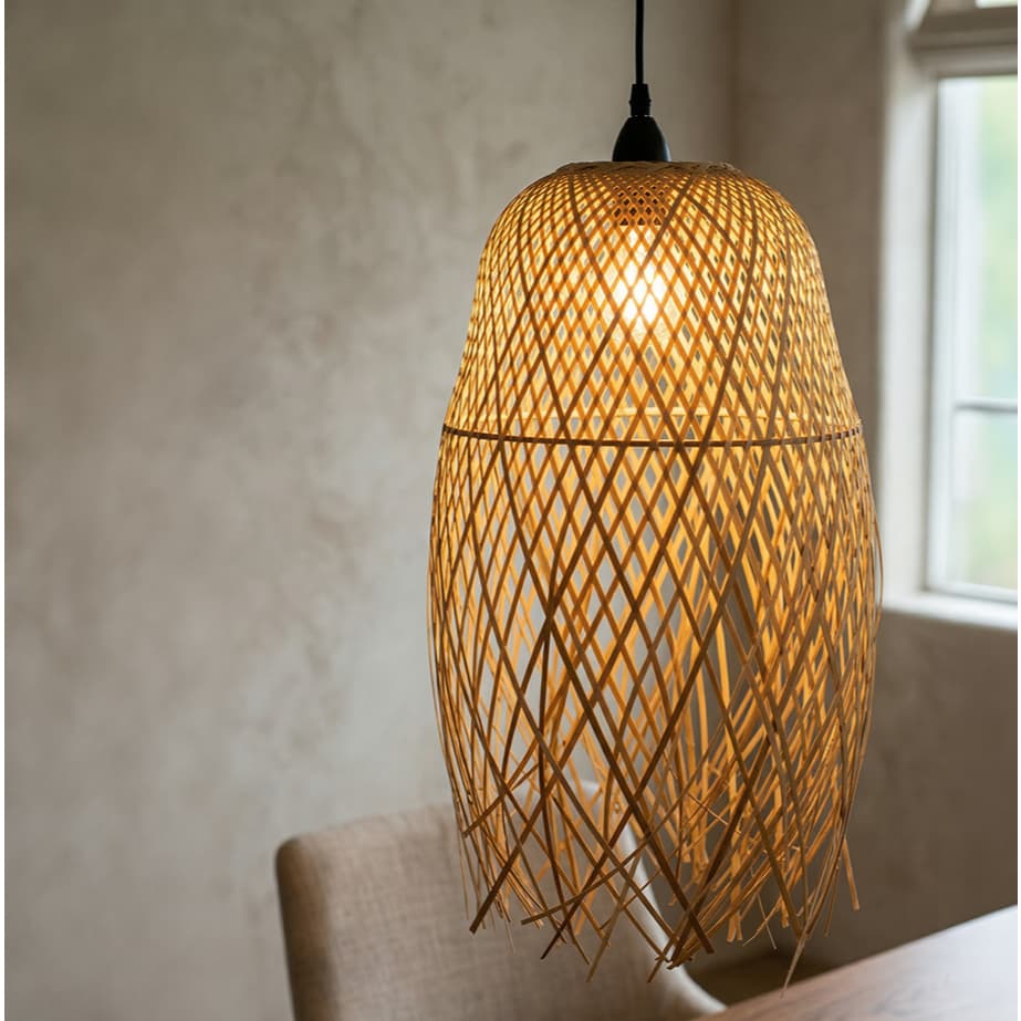 Luminária Pendente Bambu Trançado Lustre Mesa Cozinha Luz Restaurante Artesanal