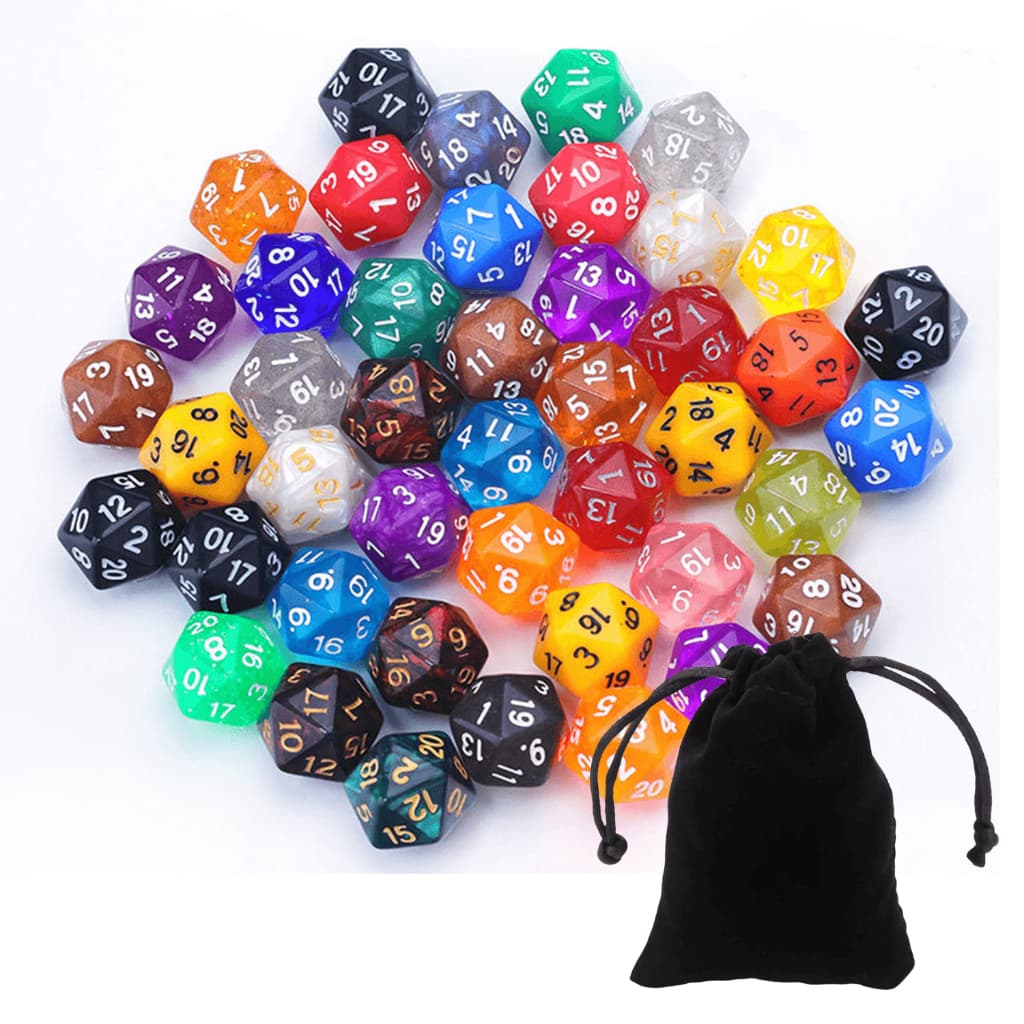Kit 4 Dados D20 Rpg Mesa Sortidos 20mm Contador  D&d Aleatório D&D Vampiro Tormenta + Bolsa
