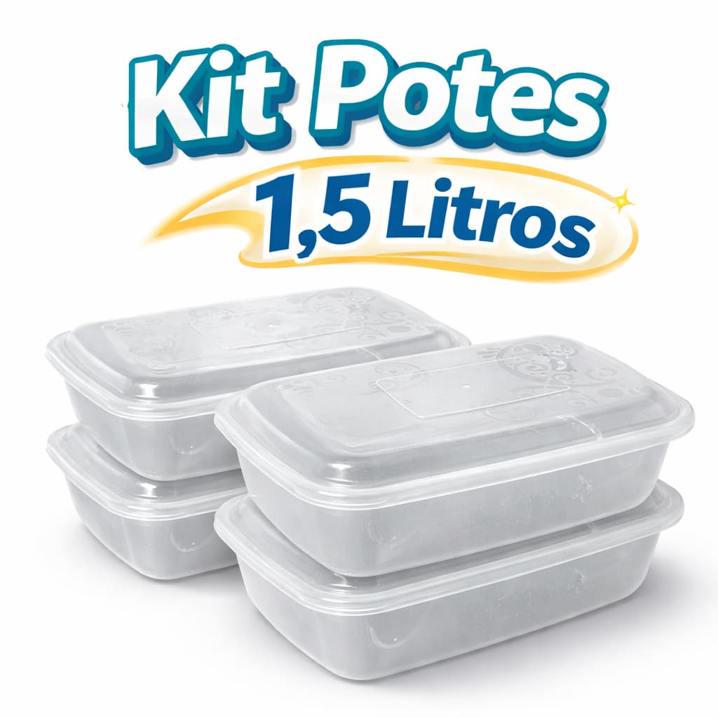 Kit Potes Com Tampa Premium Marmita 1,5 Litros Plástico Transparente Fitness Multiuso Freezer