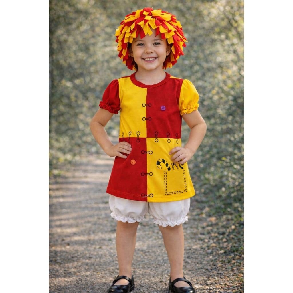 Fantasia De Menina da Emilia com Peruca Sitio do Pica Pau Amarelo Folclore