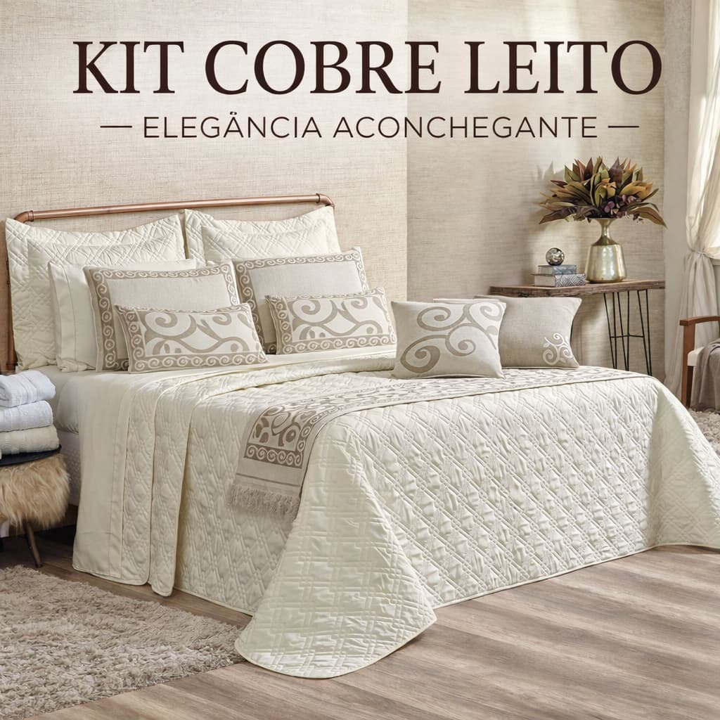 Kit Cobre Leito Casal Queen Completo 10 Peças Turin Premium - Cor Marfim