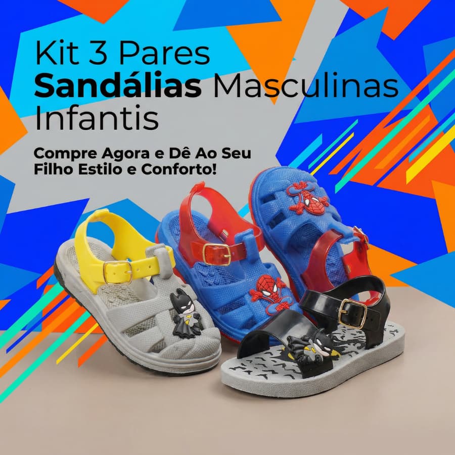 Kit 3 Pares de Sandália Infantil Menino Confortável e Antiderrapante