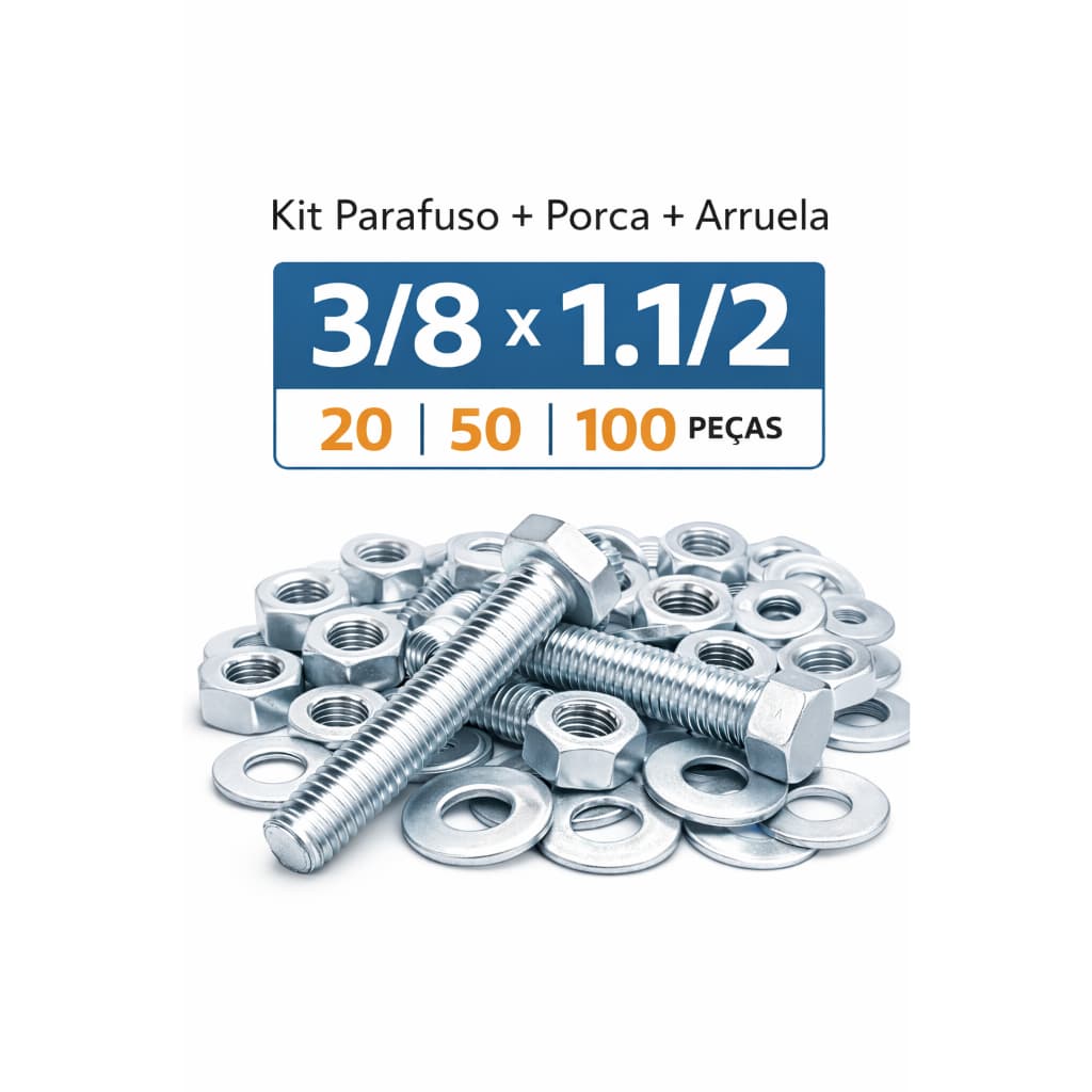Kit Parafuso Sextavado 3/8 x 1.1/2 Zincado + Porca + Arruela 20 50 ou 100 Peças Alta resistencia