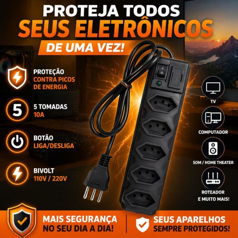 Filtro de Linha 5 Tomadas Bivolt com Botão Liga Desliga Proteção Energia 85cm