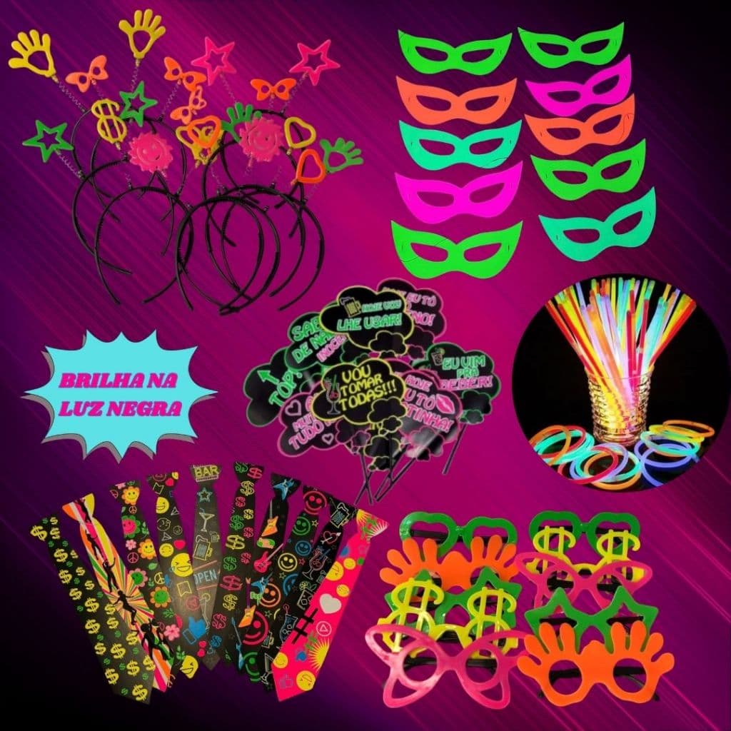 Kit Neon 40 peças Completo Balada Pulseira Tiara Óculos Gravata Máscara Plaquinha
